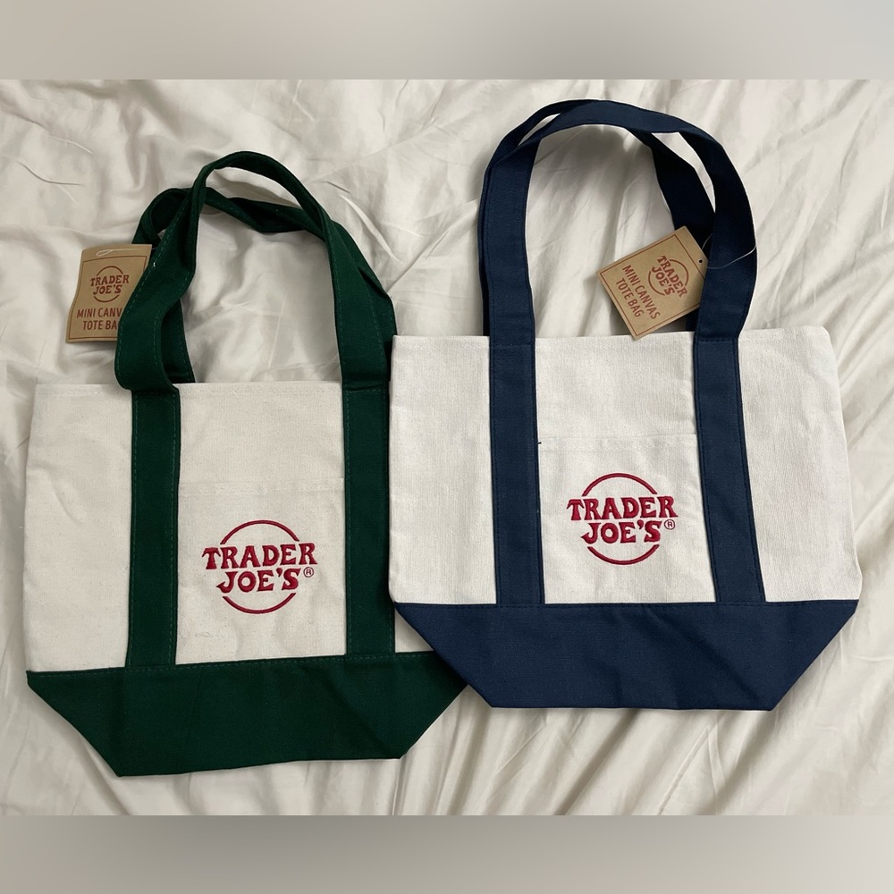 Lot Of 2 Trader Joe's Mini Canvas Blue And Green Bag Limited Edition